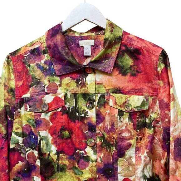 CHICO'S Watercolor Print Jacket Size Large (Chico's 2) Linen/Cotton Womens Top - Picture 4 of 11